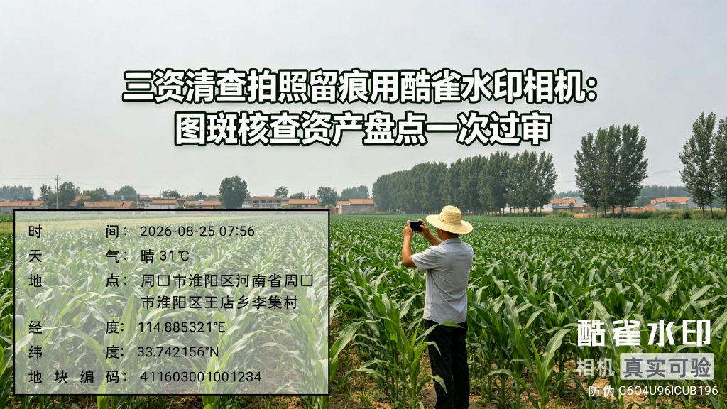 三资清查拍照留痕用酷雀水印相机：图斑核查资产盘点一次过审